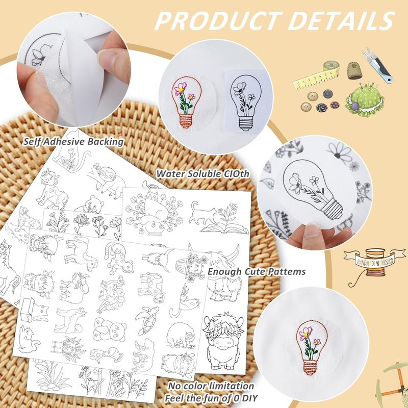 CRASHOT Water Soluble Embroidery Patterns - Stick & Stitch Embroidery Paper Wash Away, 4 Sheet Stabilizer for Embroidery, Flower Highland Cow Cat Bear Dinosaur Horse Animal Style, Hand Sewing Lover Gifts - Image 4